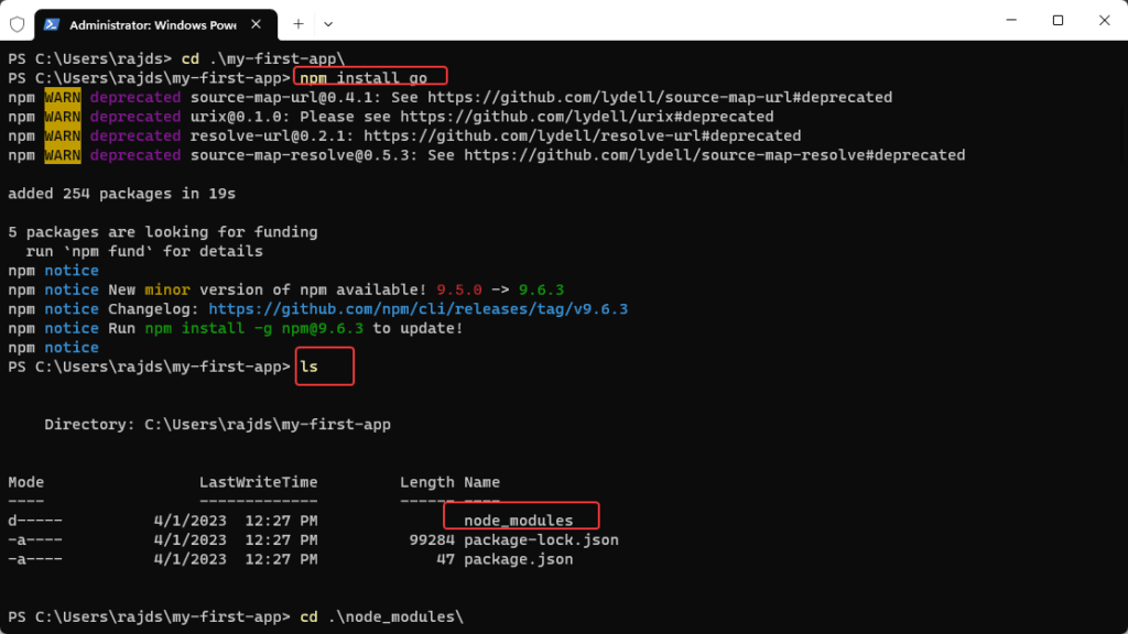 التيرمنال يُظهر تشغيل npm install وتثبيت المكتبات