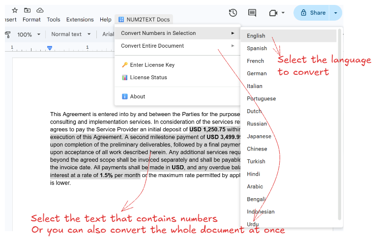 NUM2TEXT Docs Interface Preview