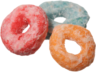 Three colorful, sugar-coated gummy ring candies in red, blue, and orange.
