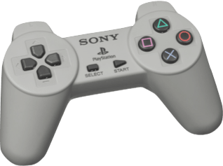 Gray Sony PlayStation controller with dual analog sticks and action buttons.