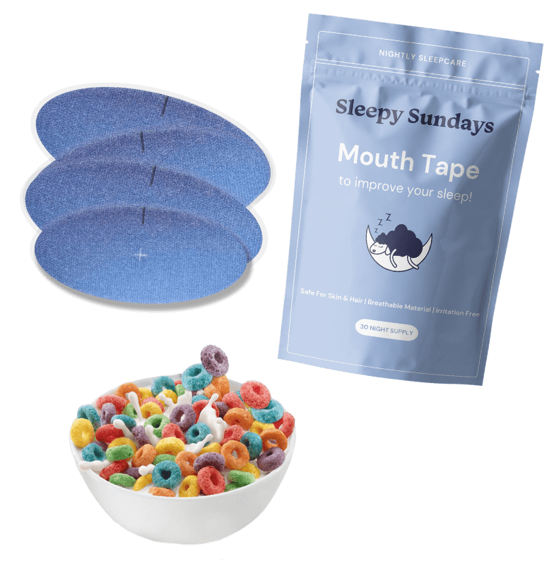 Packages of mouth tape, foam pads and a bowl of colorful cereal.
