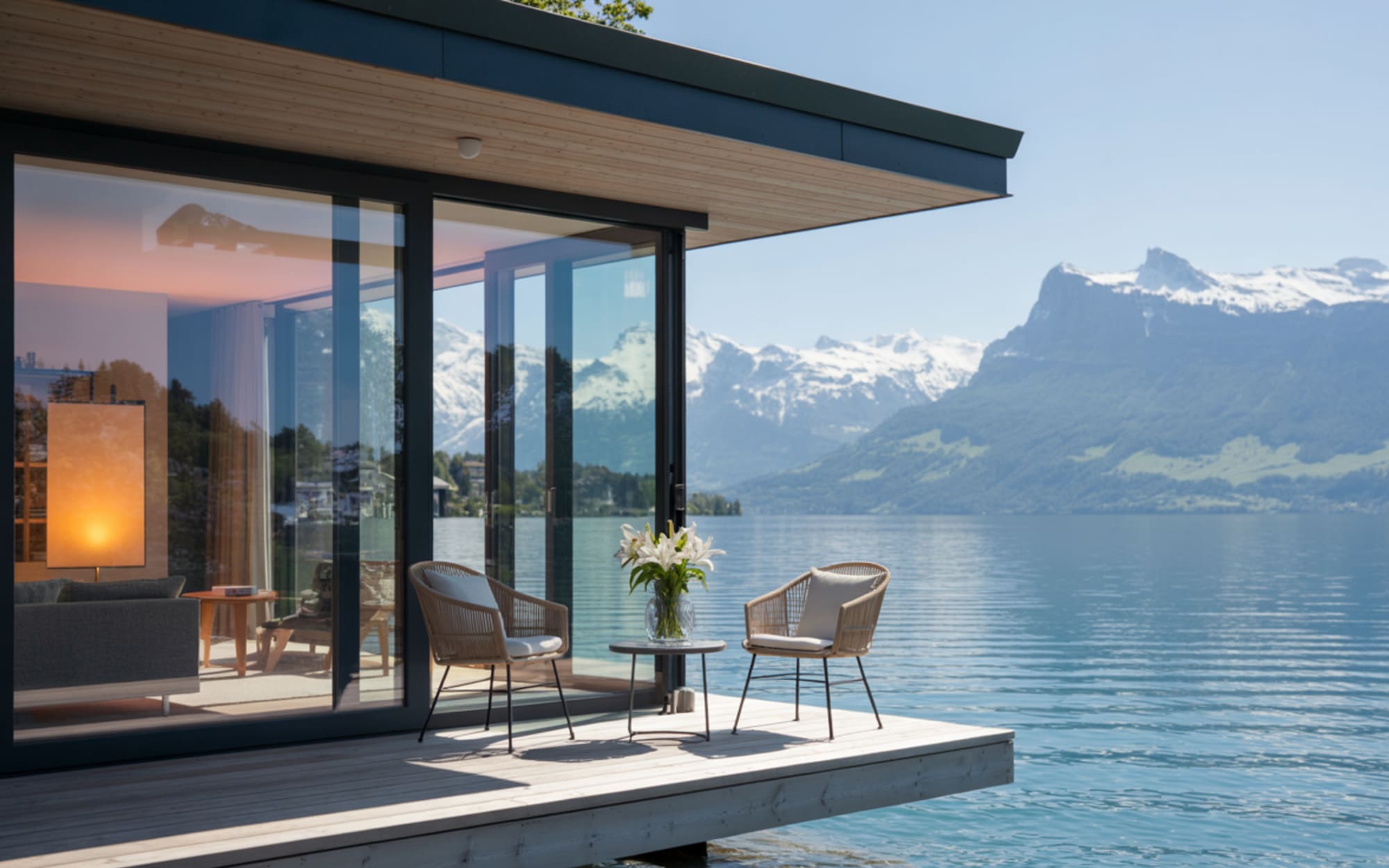 Terrasse mit Blick auf den See und die Berge