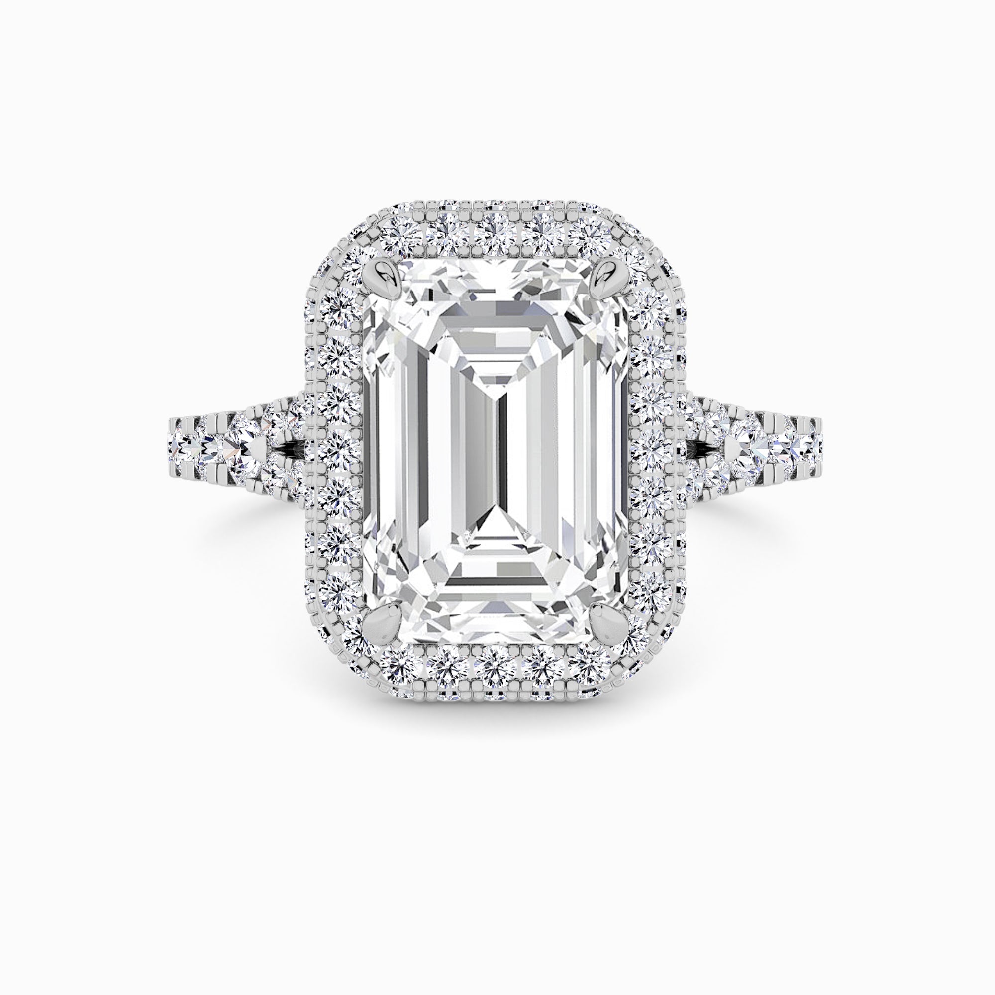 Emerald Cut Lab Diamond 3D Pave Split Shank Halo Engagement Ring (1.00ct+) in Canada