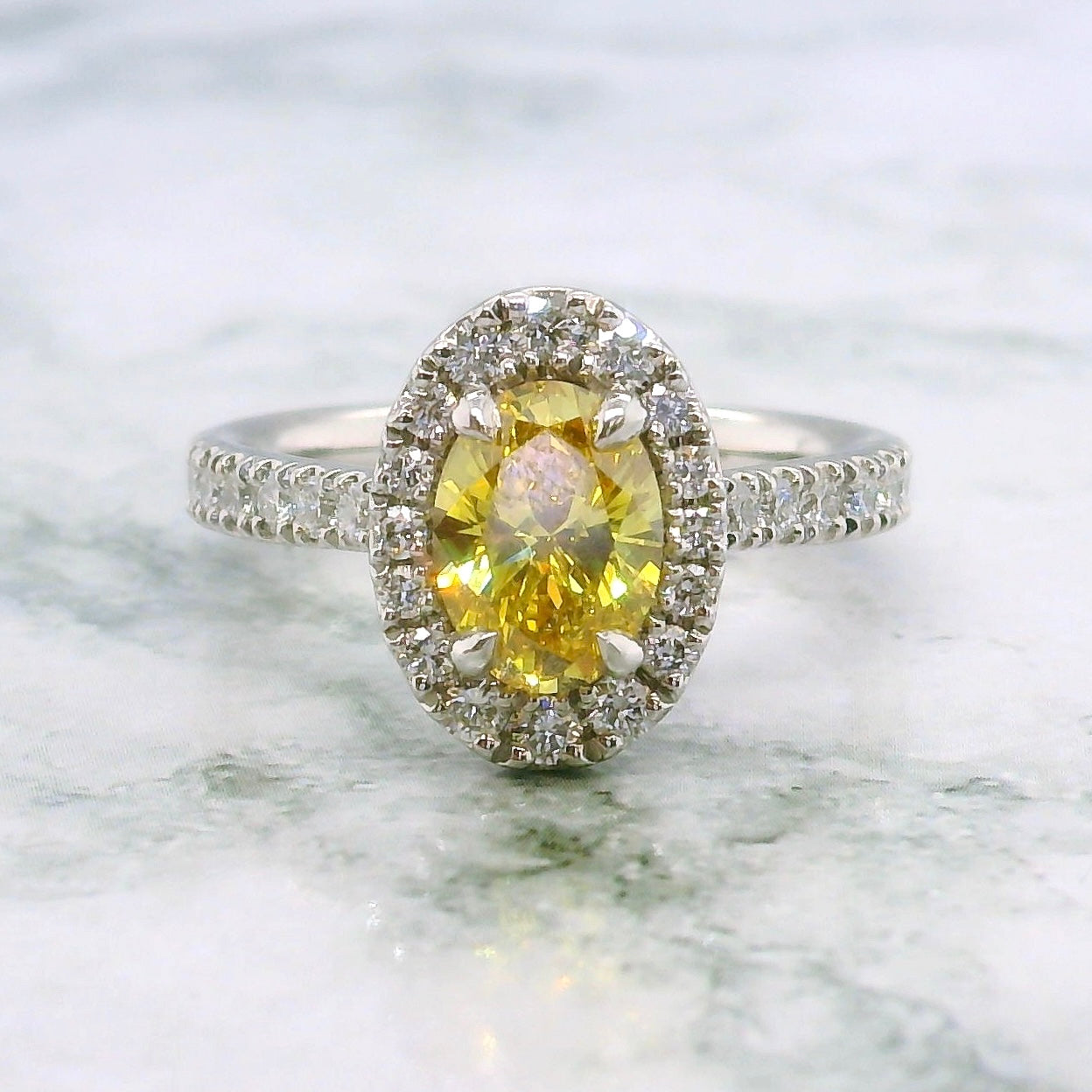 Lab Grown Platinum Yellow Diamond Oval Shape Halo Engagement Ring - 1.00ct + in Canada