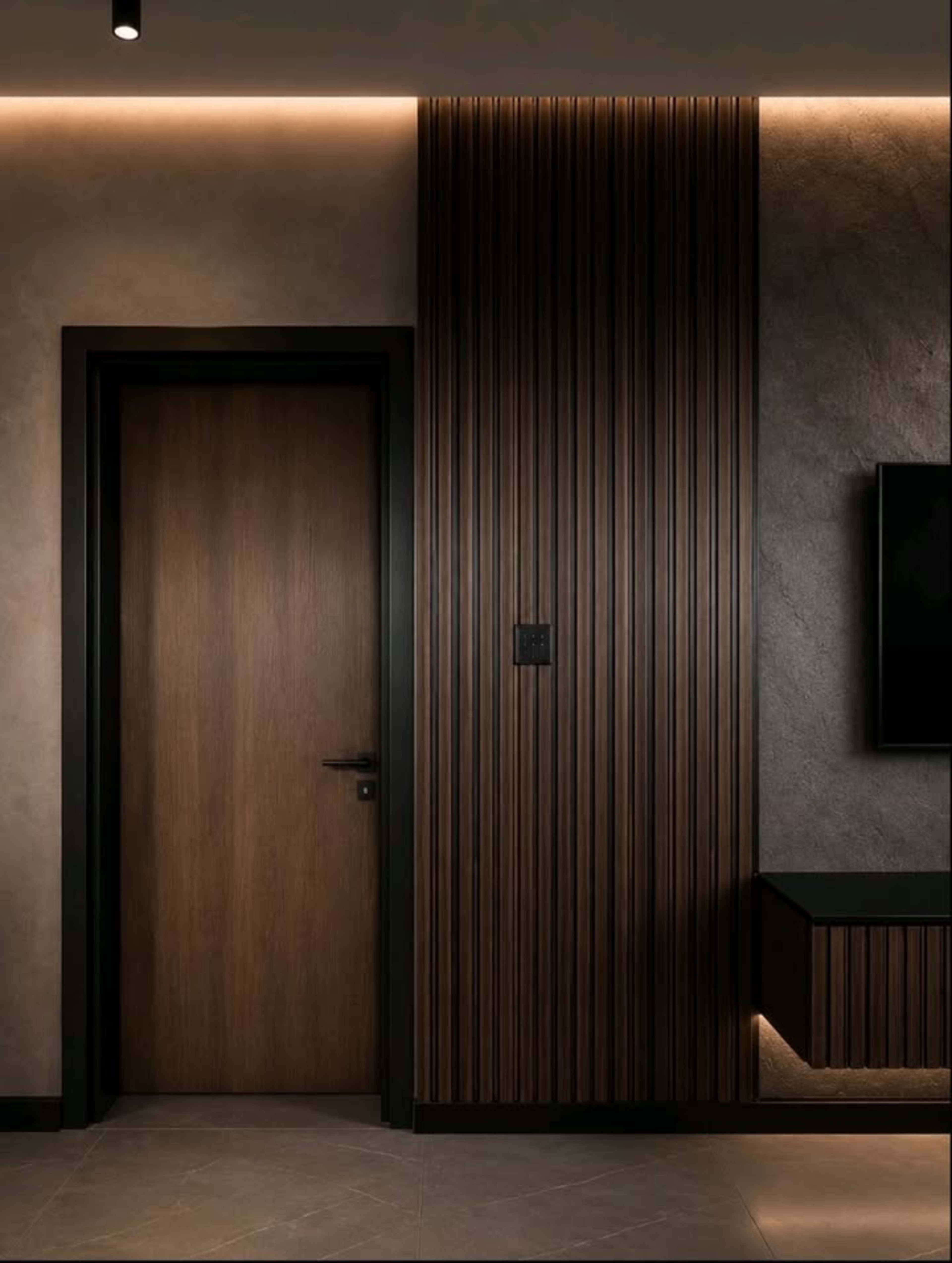 Hallway with a dark wood-grain slatted wall, a door in a black frame and a floating cabinet with LED lighting.
