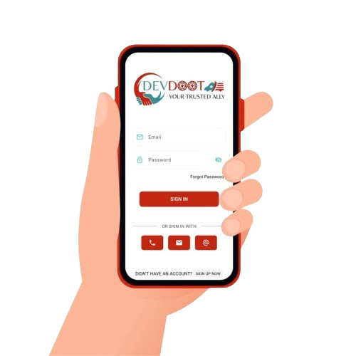 Hands holding a mobile phone displaying the Devdoot app