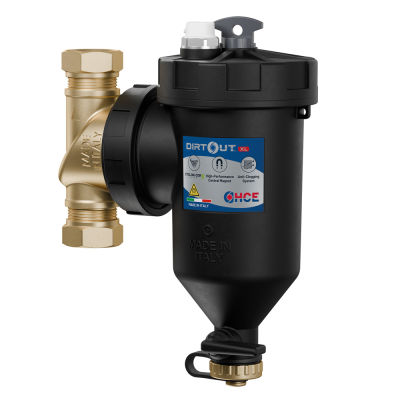 DirtOUT XL | DEFANGATORE MAGNETICO MULTIFUNZIONE PER CALDAIE E POMPE DI CALORE in polimero, con deviatore in ottone e attacchi ff (ø22-28)