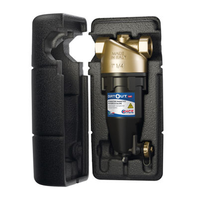 DirtOUT HP | Defangatore magnetico specifico per pompe di calore in ottone e polimero, attacchi ff, presa per installazione valvola sfogo aria