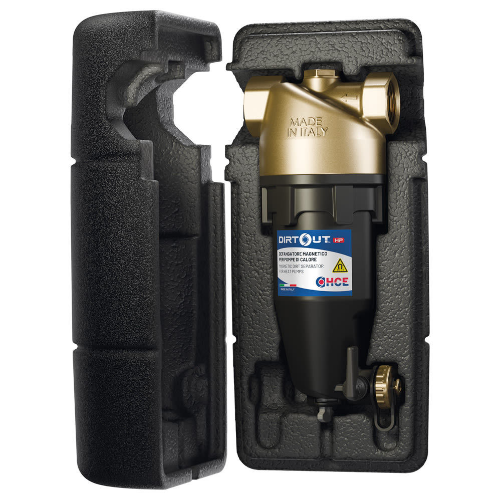 DirtOUT HP | Desfangador magnético específico para calderas y bombas de calor de latón y polímero, uniones ff, toma para instalación de válvula de purgado de aire