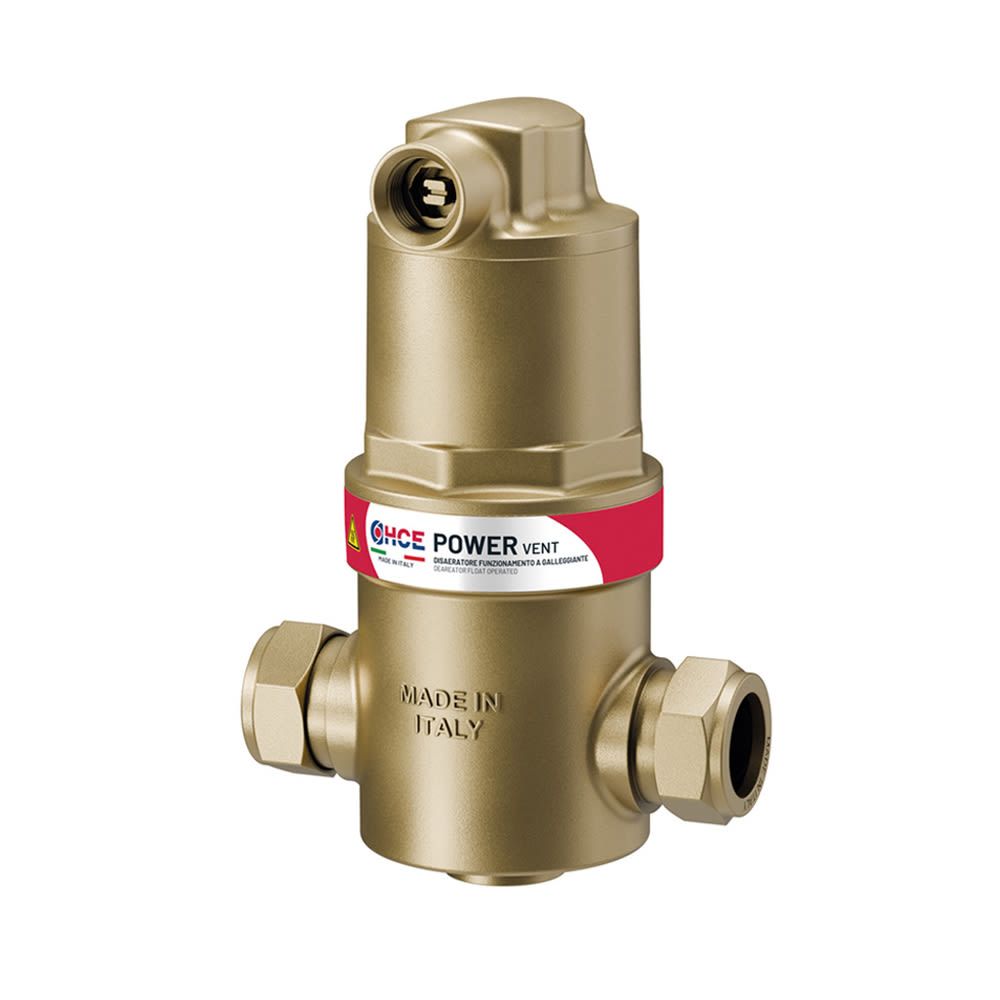 POWER VENT - In linea - Tubo rame | Disaeratore in linea funzionamento a galleggiante bi-direzionale, con innovativa cartuccia air trap e attacchi a compressione meccanica per tubo in rame