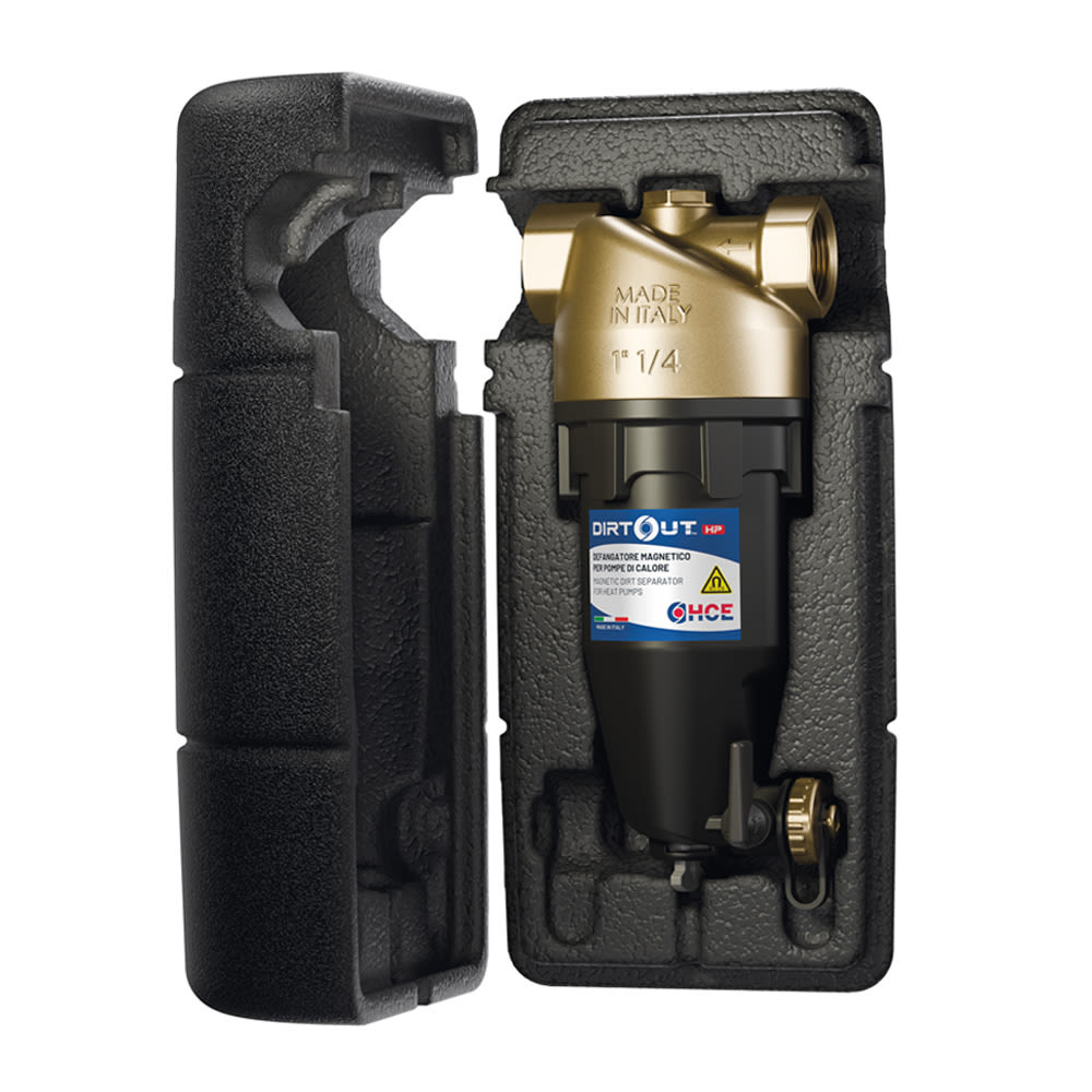DirtOUT HP | Defangatore magnetico specifico per pompe di calore in ottone e polimero, attacchi ff, presa per installazione valvola sfogo aria