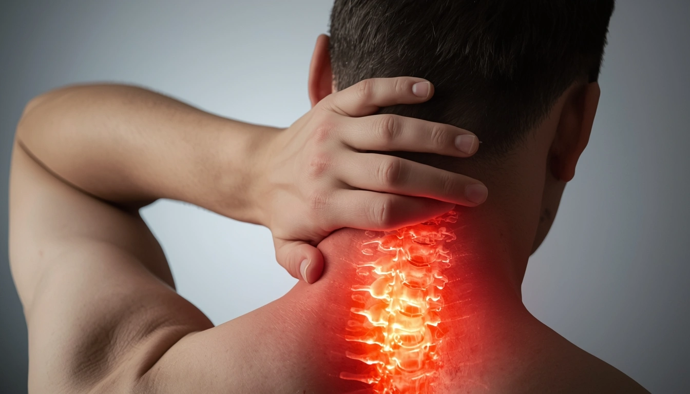 Person holding the side of their neck with discomfort, representing neck pain and stiffness