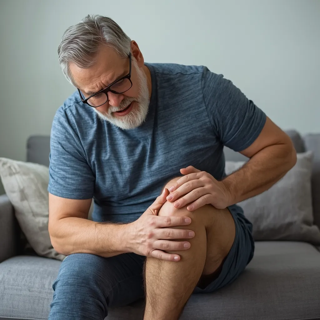 Person holding their left knee in discomfort while sitting, representing common knee pain