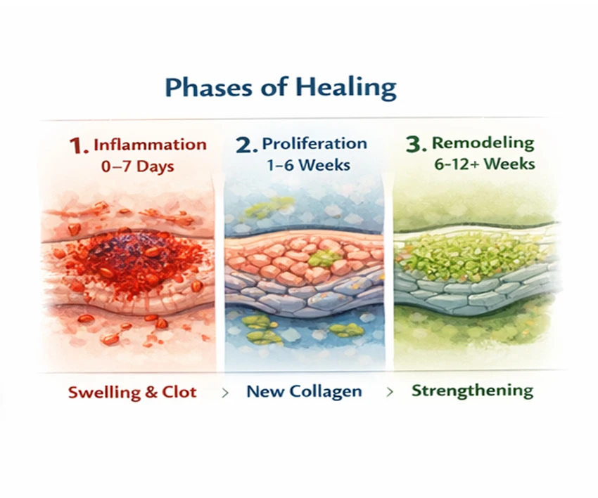 Inflammation, proliferation and remodeling phases of healing