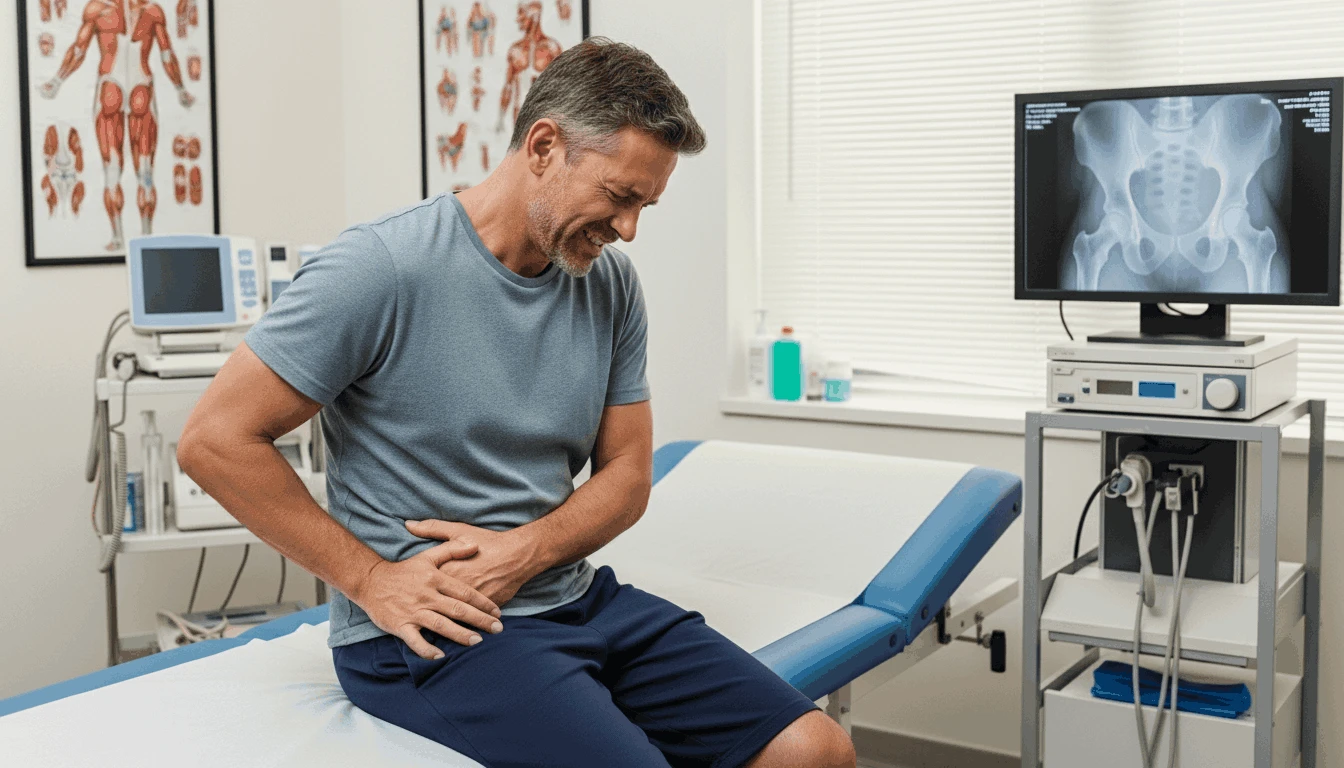 Hip joint pain, middle aged man suffering from groin pain