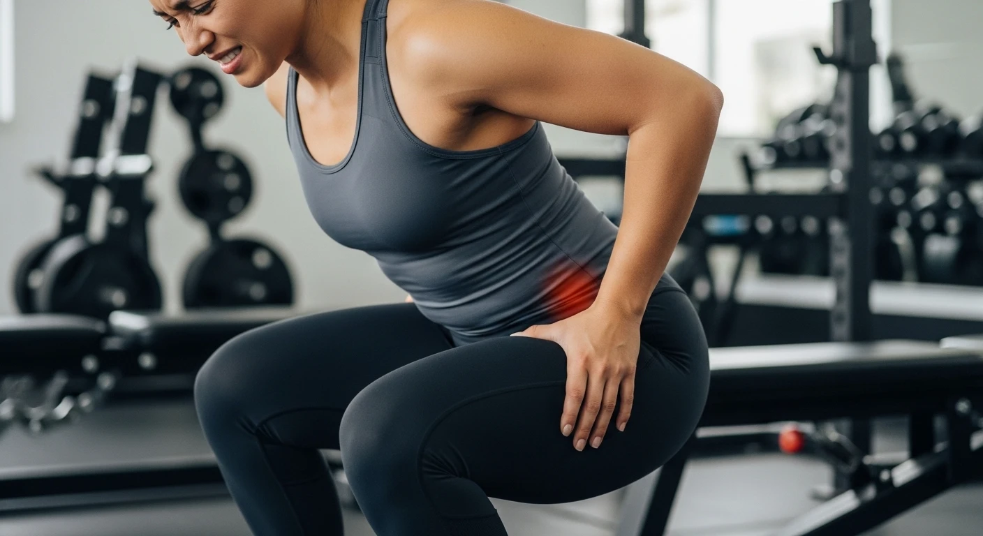 Person squatting with discomfort at the front of the hip