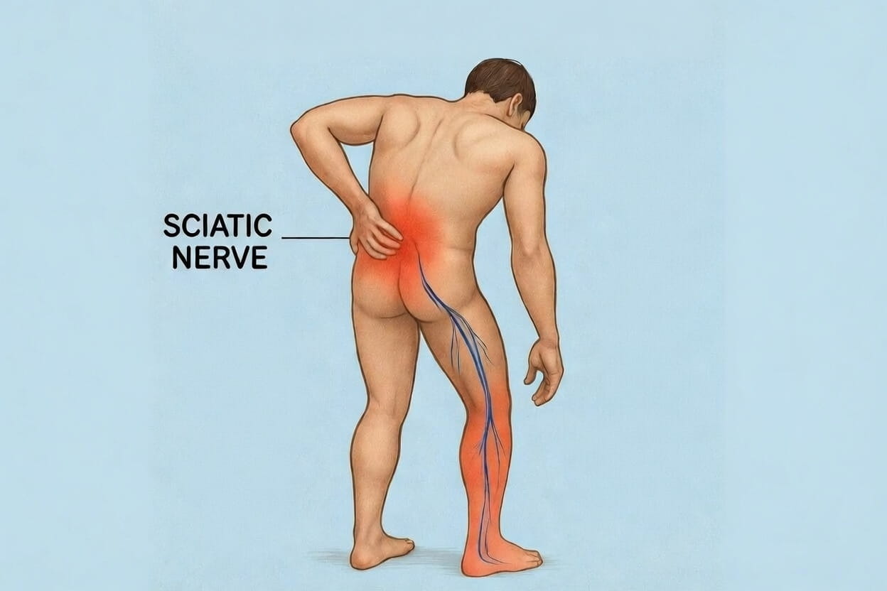 Person holding lower back and leg indicating sciatic nerve pain