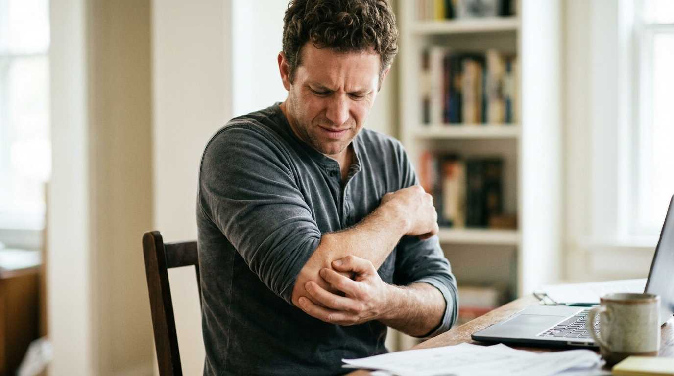 Person gripping their outer elbow in pain, indicating tennis elbow or lateral epicondylalgia