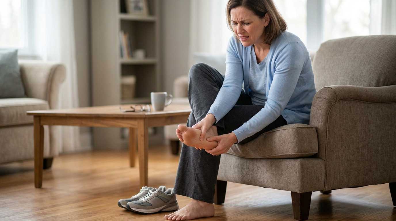 Person holding the bottom of their foot in pain, indicating plantar fasciitis or heel pain