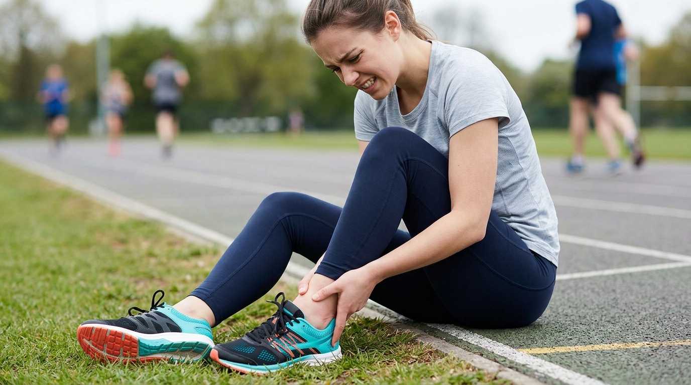 Person holding their ankle in pain after a sprain during sport or exercise