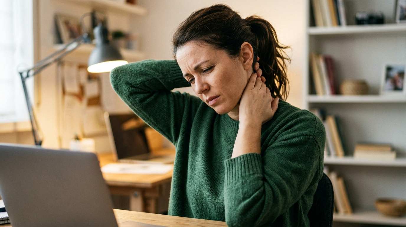 Person holding the back of their neck and head, indicating cervicogenic headache pain