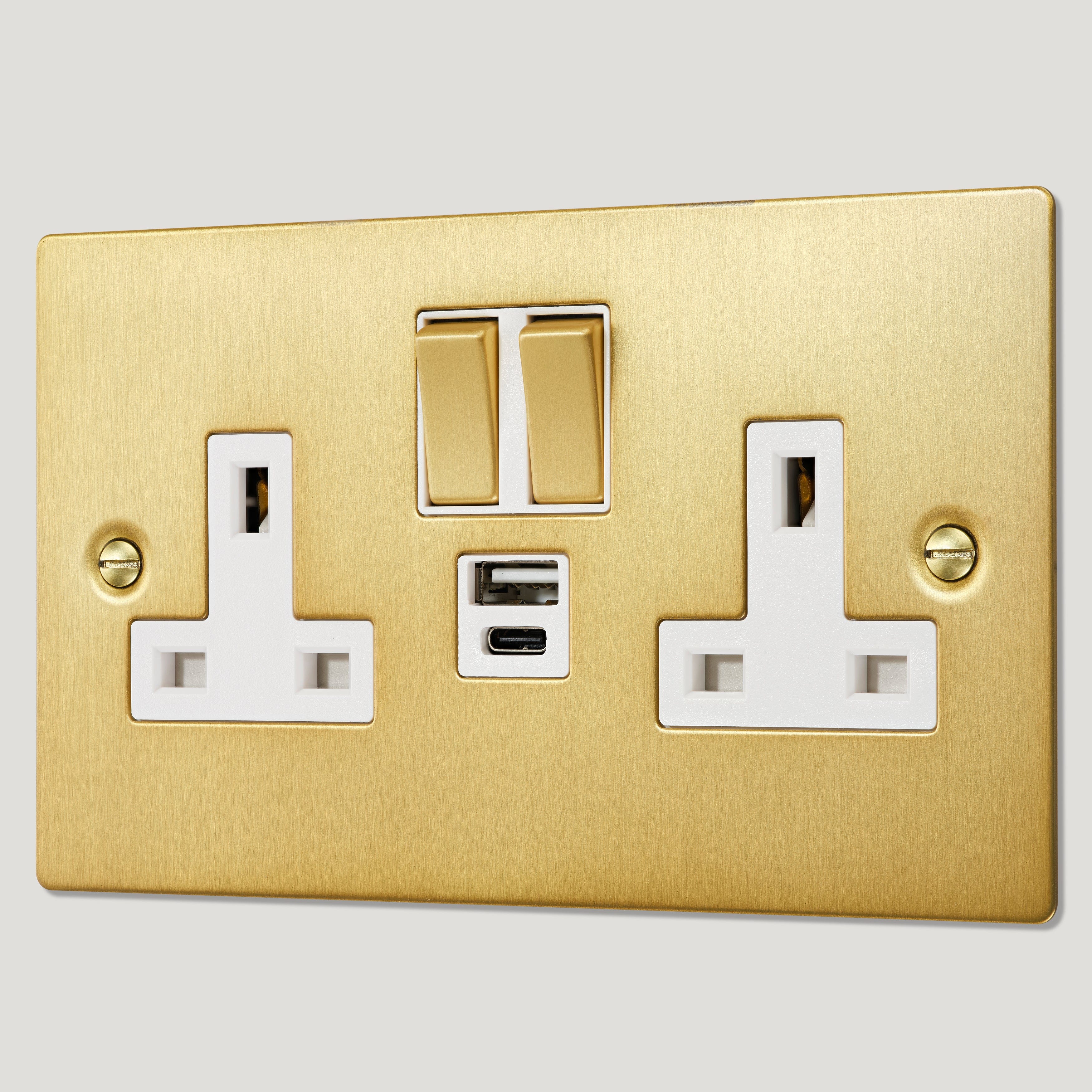 SYLVIE Double Plug Socket with USB A/C Super Fast Charge - Brass (White Insert)