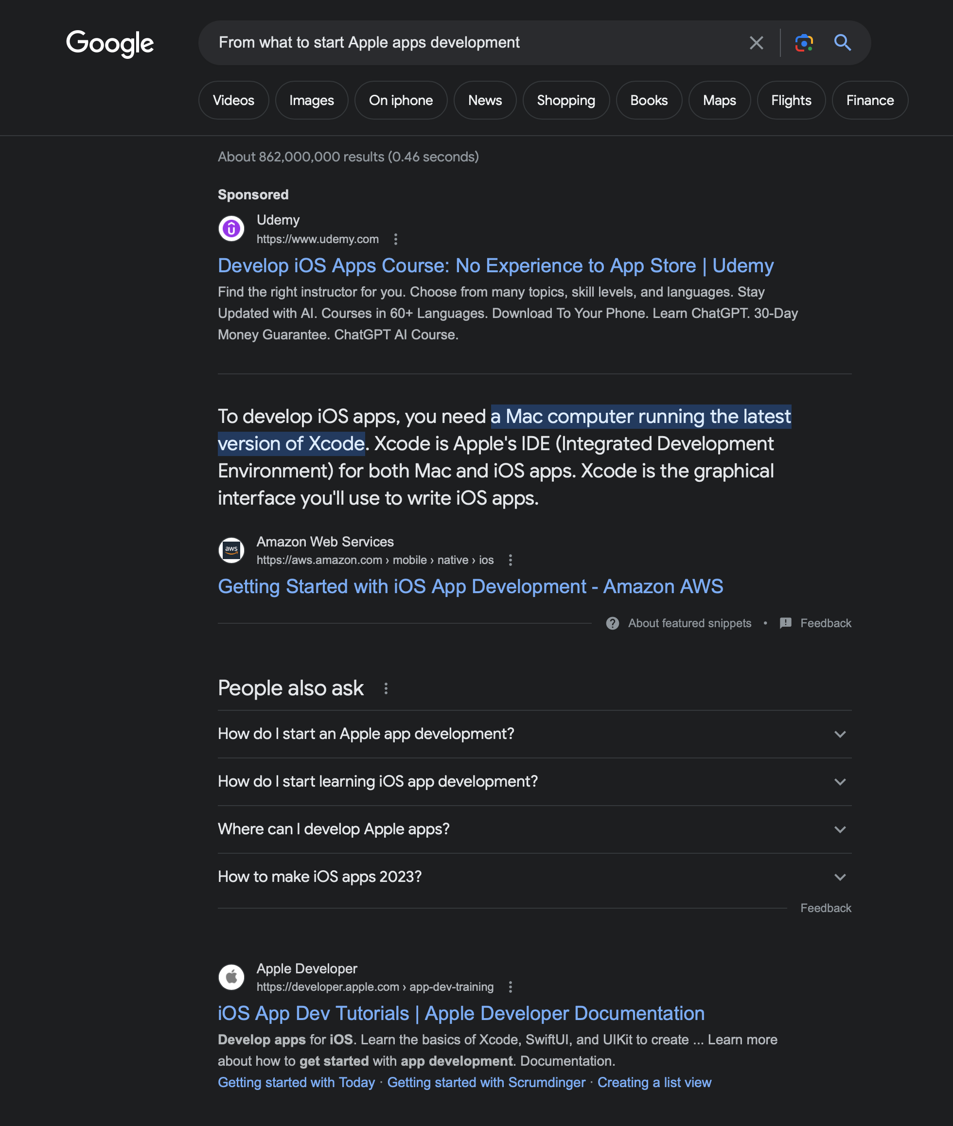 Apple uchun dasturlashni nimadan boshlash - Google qidiruvidan