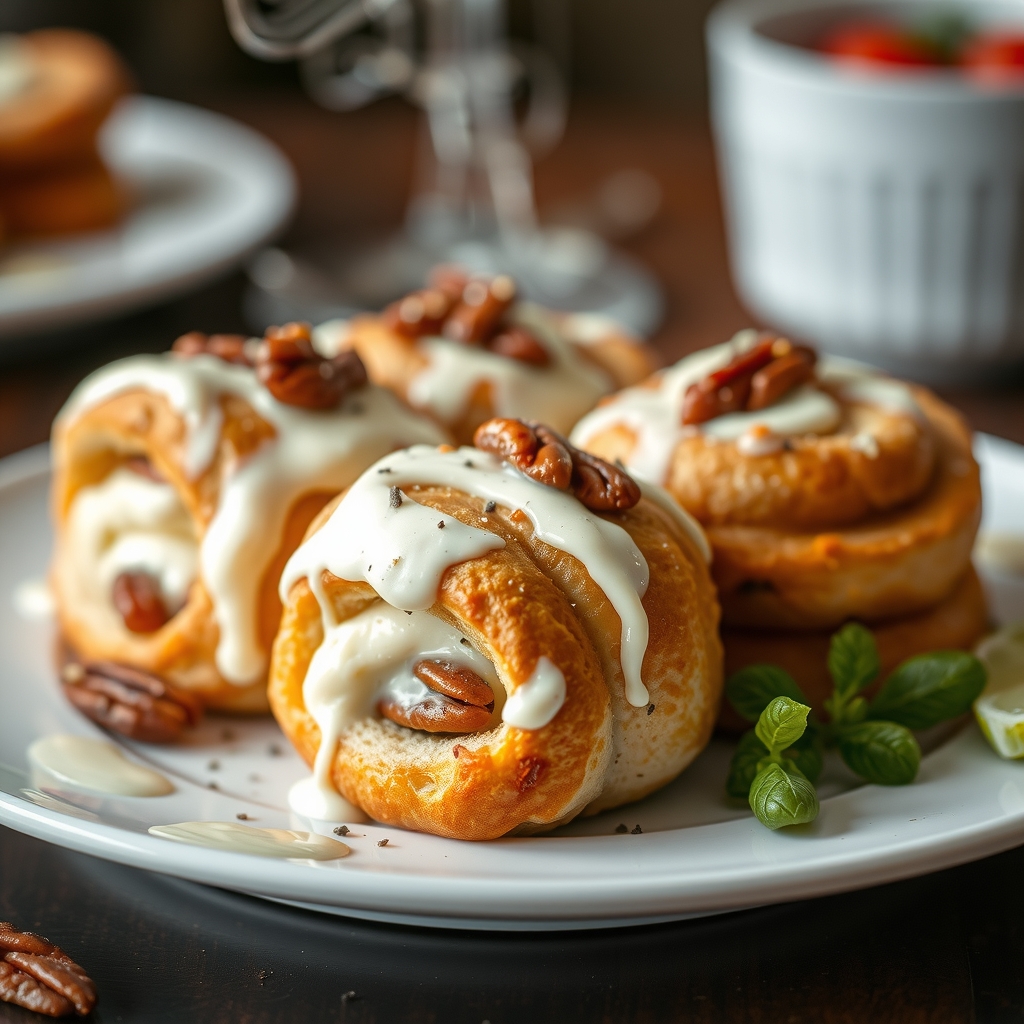 Final plated dish of Pecan Cream Cheese Rolls