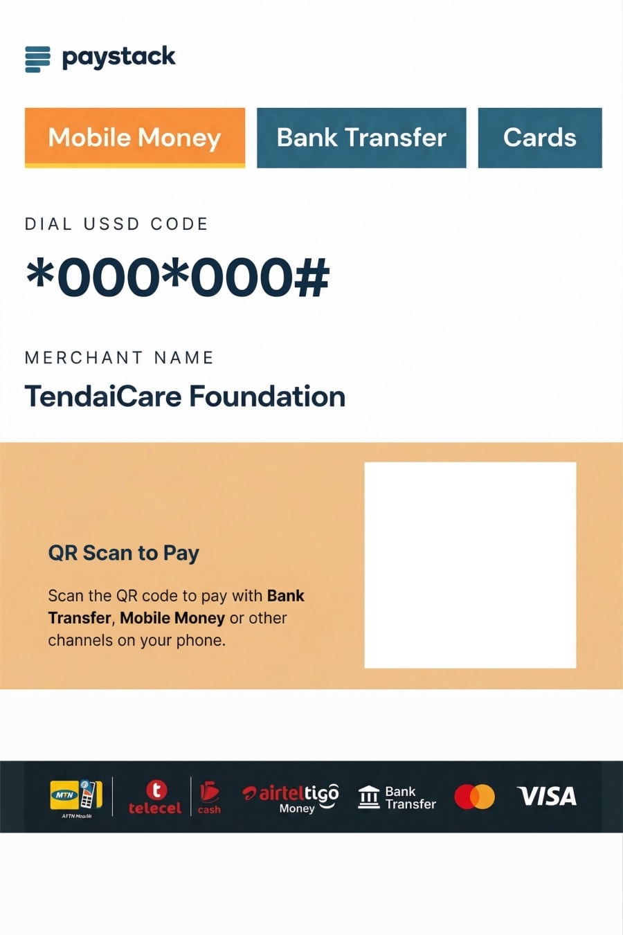 TendaiCare Foundation payment channels card