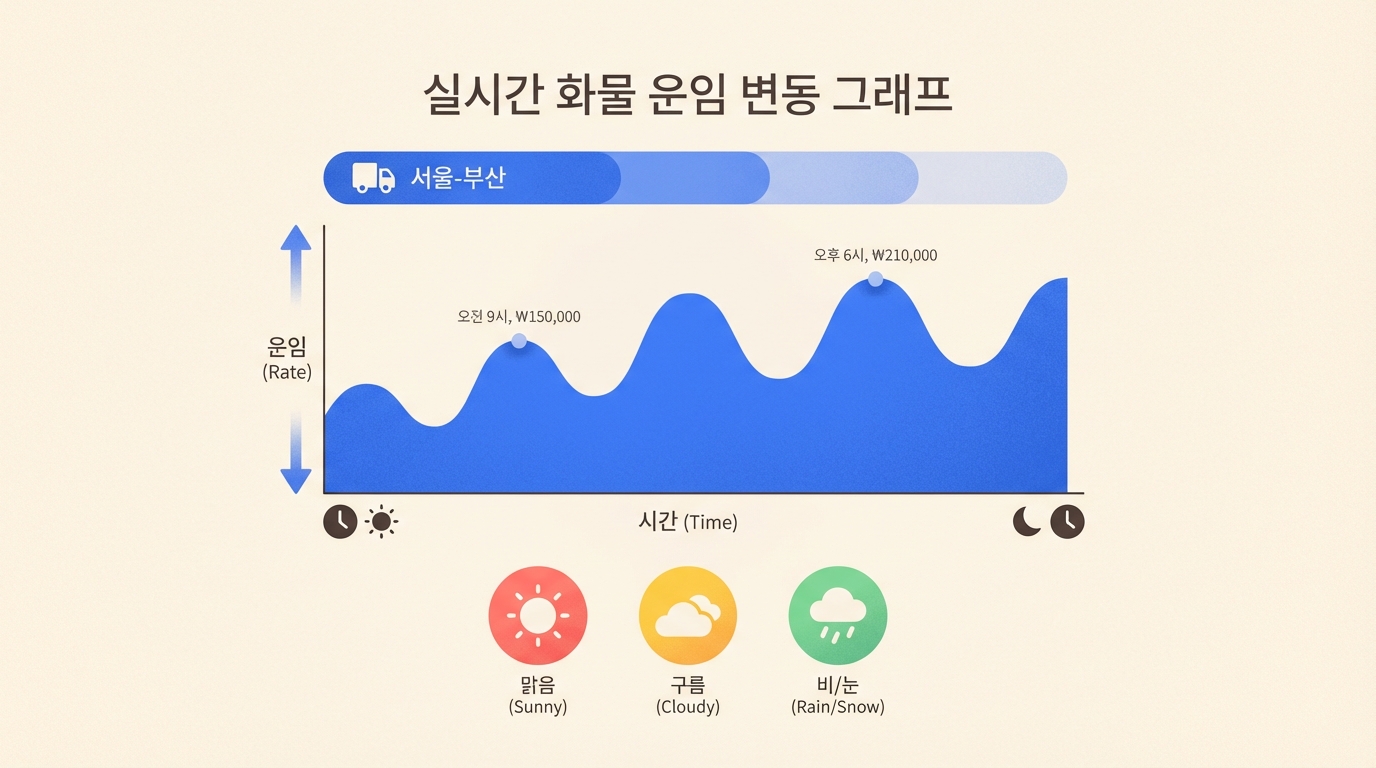 서울-부산 구간의 실시간 화물 운임 변동 그래프로, 오전 9시 15만원에서 오후 6시 21만원으로 증가하는 추세를 나타내며 날씨 정보가 함께 표시됨