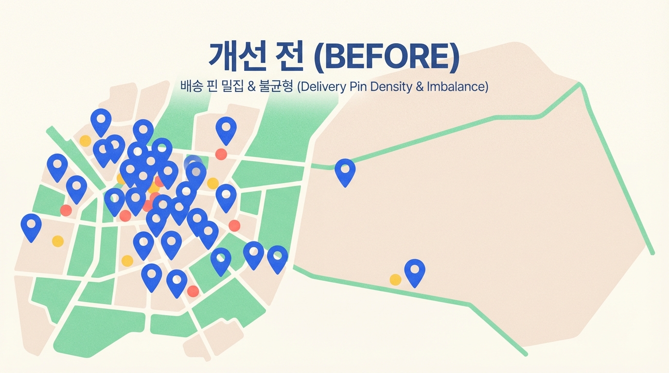 배송 핀 밀집 및 불균형을 나타내는 지도 이미지 (개선 전)
