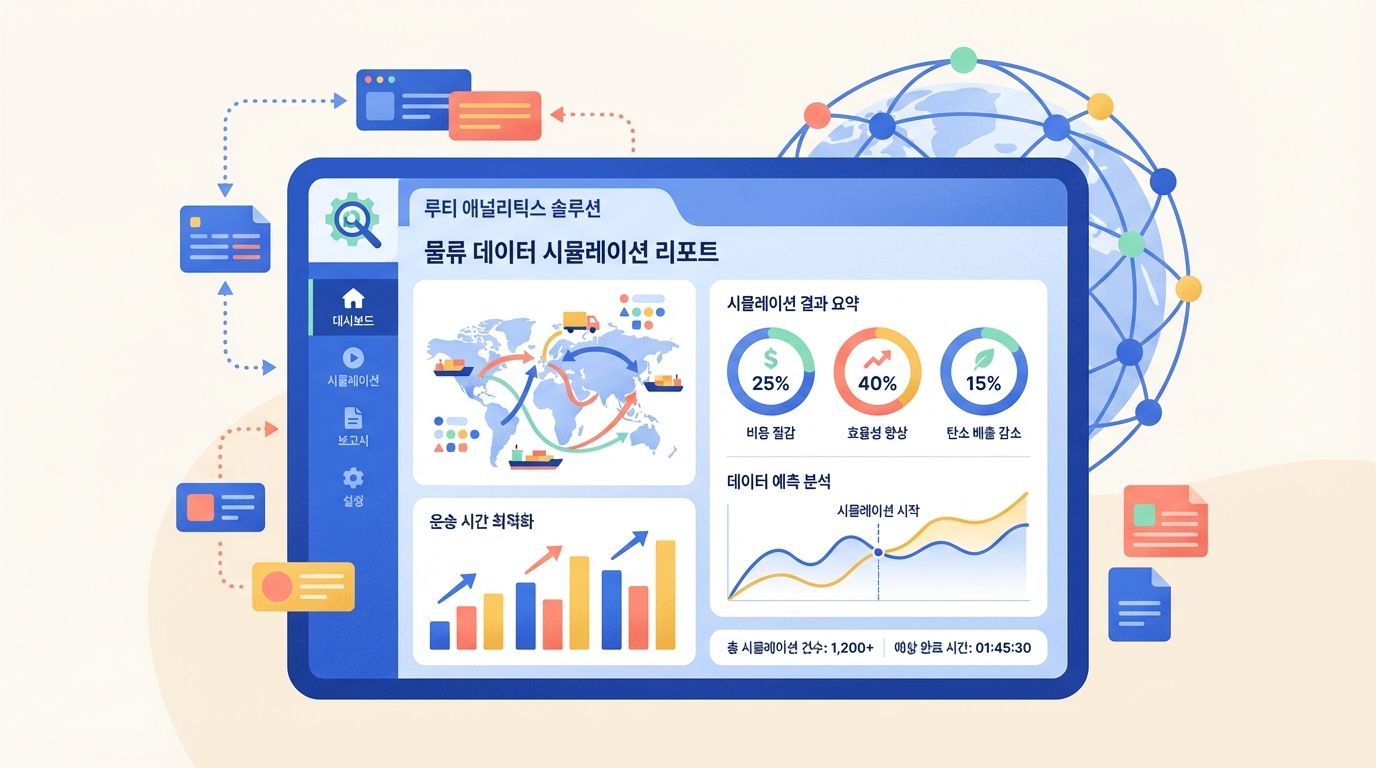 물류 데이터 시뮬레이션 리포트를 보여주는 화면으로, 비용 절감 25%, 효율성 향상 40%, 탄소 배출 감소 15% 등의 데이터가 표시됨