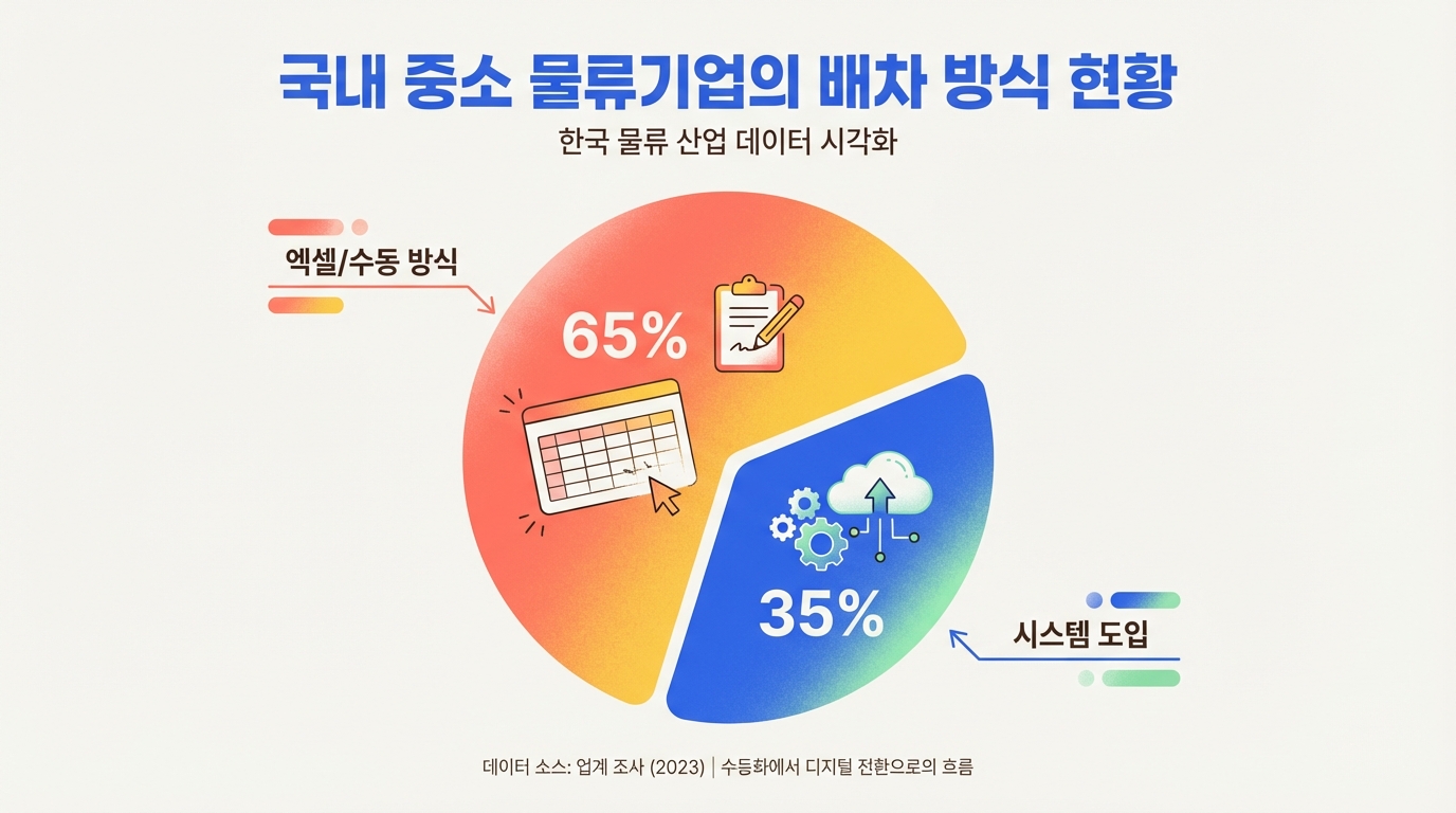 국내 중소 물류기업 배차 방식 현황, 엑셀/수동 방식 65%, 시스템 도입 35%를 나타내는 원형 차트