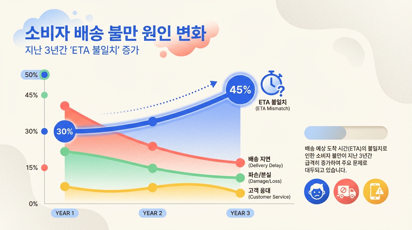 소비자 배송 불만 원인 변화 그래프로, ETA 불일치는 증가하고 배송 지연, 파손/분실, 고객 응대는 감소 추세를 보임