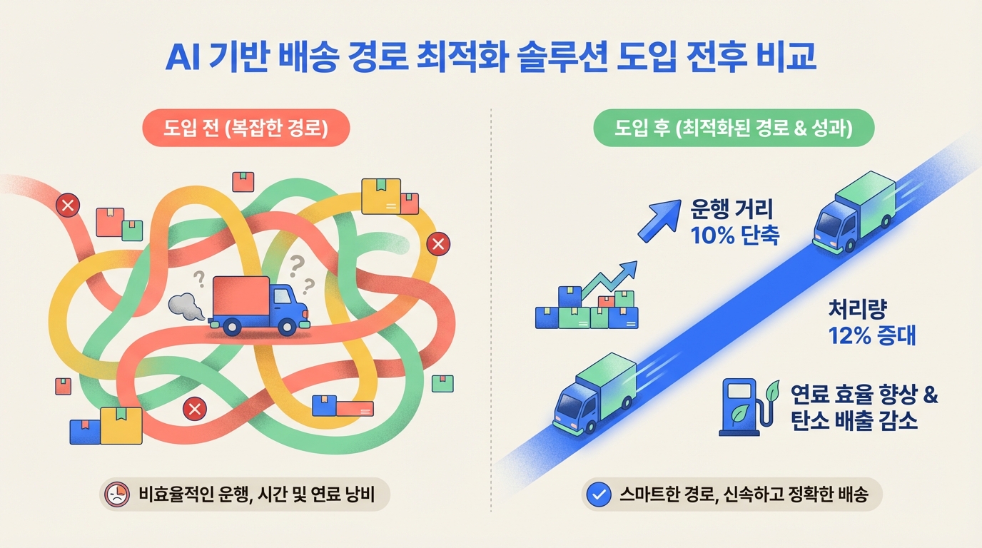 AI 기반 배송 경로 최적화 솔루션 도입 전 복잡한 경로와 도입 후 최적화된 경로 및 성과 비교