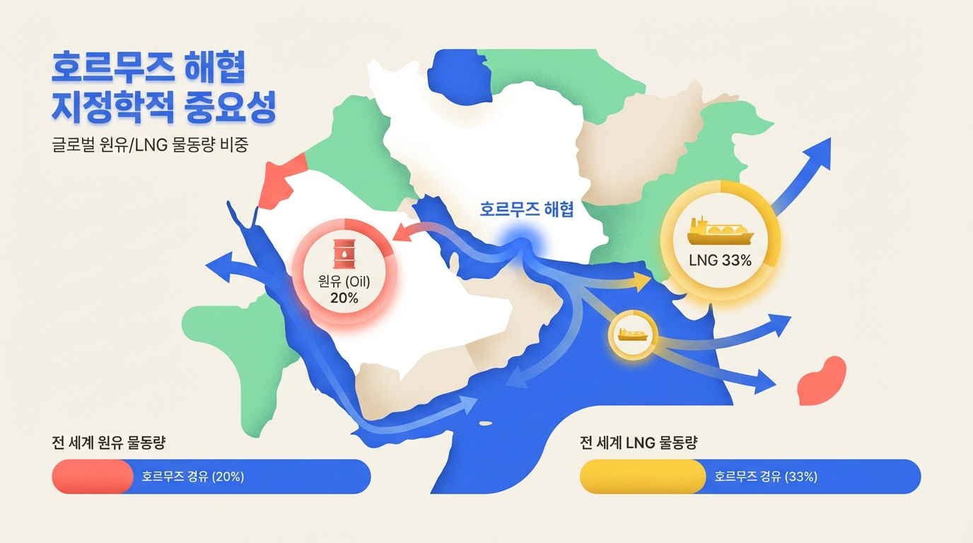 호르무즈 해협을 지나는 원유(20%)와 LNG(33%) 물동량 비중을 보여주는 지도.