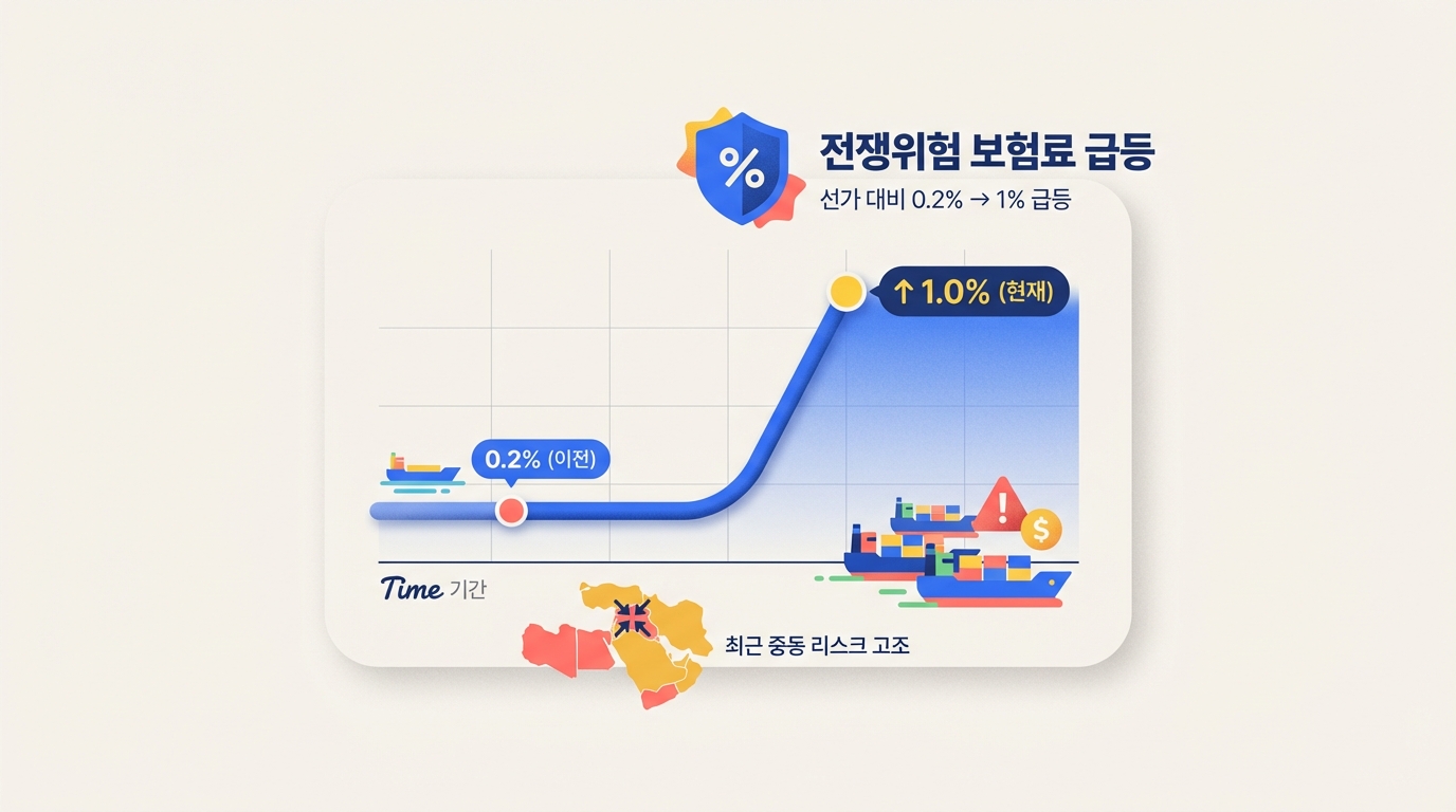 중동 리스크 고조로 선가 대비 전쟁위험 보험료가 0.2%에서 1%로 급등하는 그래프