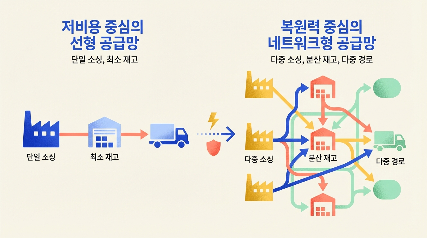 저비용 중심의 단일 소싱, 최소 재고 선형 공급망과 복원력 중심의 다중 소싱, 분산 재고, 다중 경로 네트워크형 공급망 비교