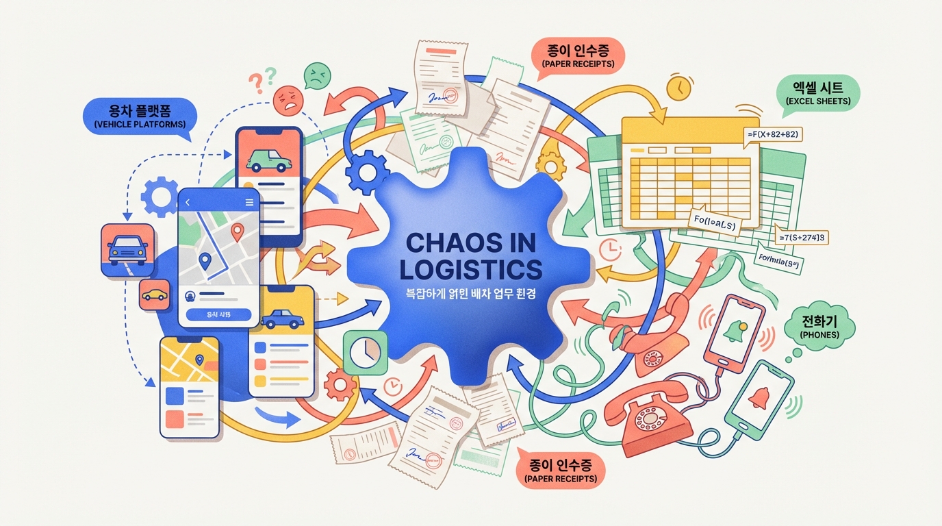 복잡하게 얽힌 배차 업무 환경을 묘사한 일러스트로, 용차 플랫폼, 종이 인수증, 엑셀 시트, 전화기 등이 혼란스럽게 얽혀있다.
