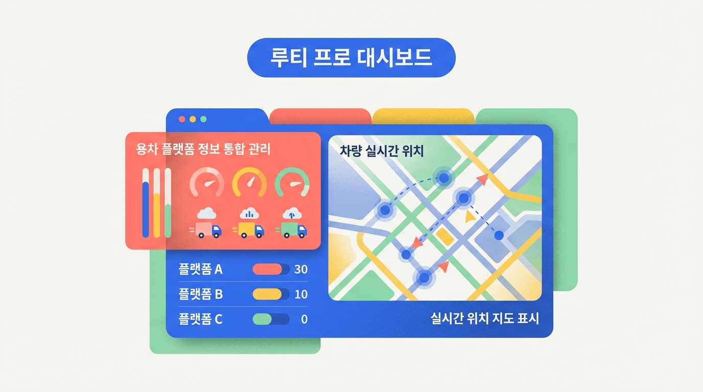 루티 프로 대시보드 화면으로 용차 플랫폼 통합 관리 정보와 차량 실시간 위치 지도를 보여준다.