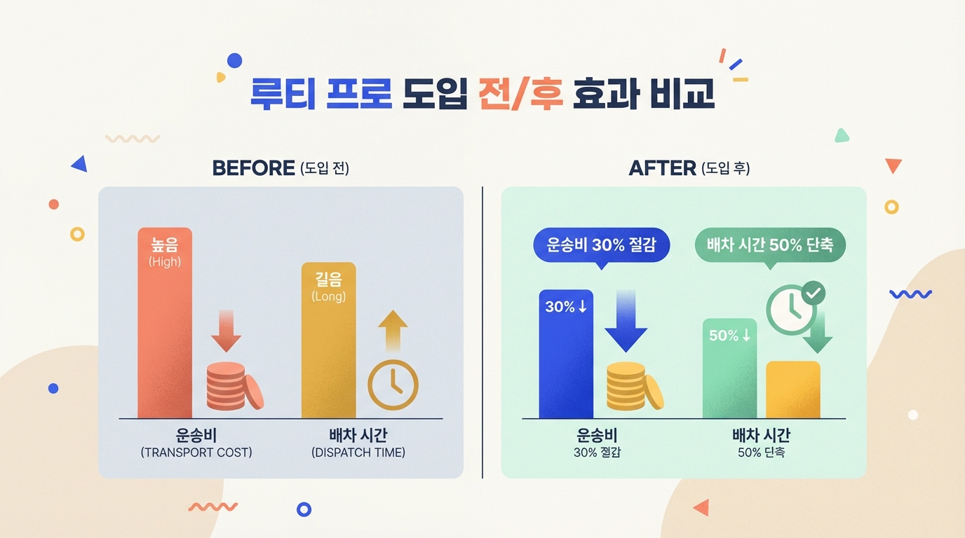 루티 프로 도입 전에는 높은 운송비와 긴 배차 시간이 소요되었지만, 도입 후 운송비 30% 절감 및 배차 시간 50% 단축 효과를 보여주는 그래프