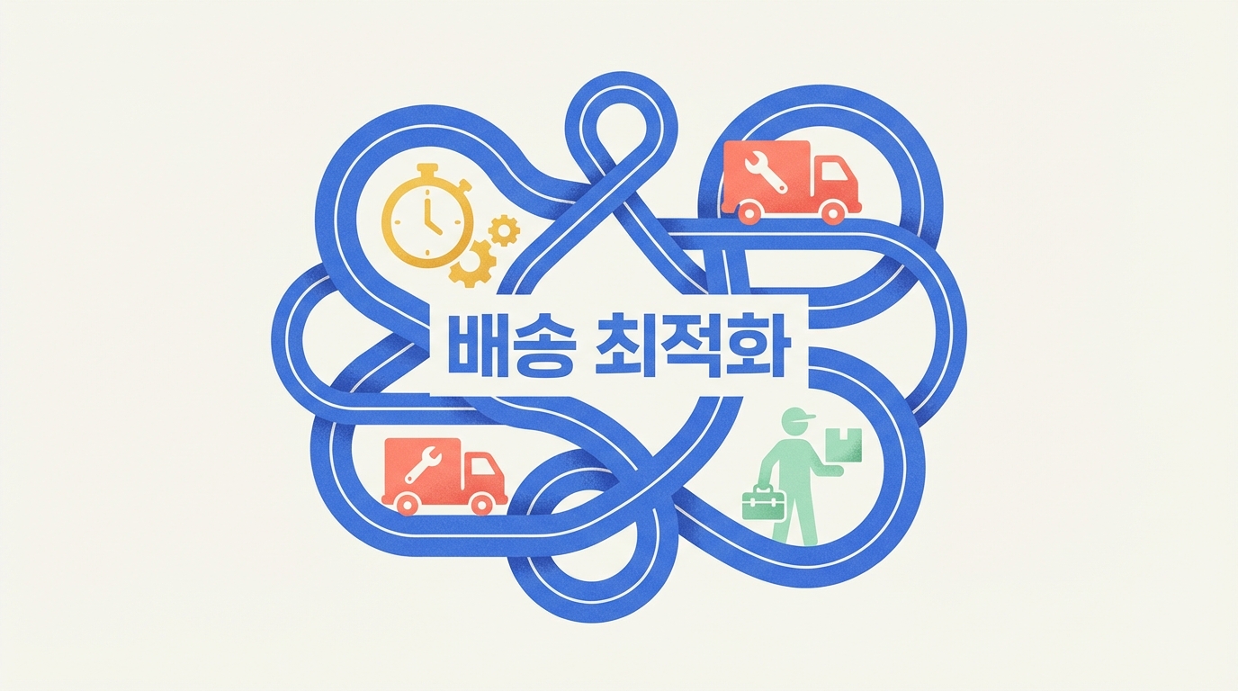 복잡한 경로 위에 시계, 트럭, 배달원 아이콘과 함께 '배송 최적화' 텍스트가 있는 일러스트