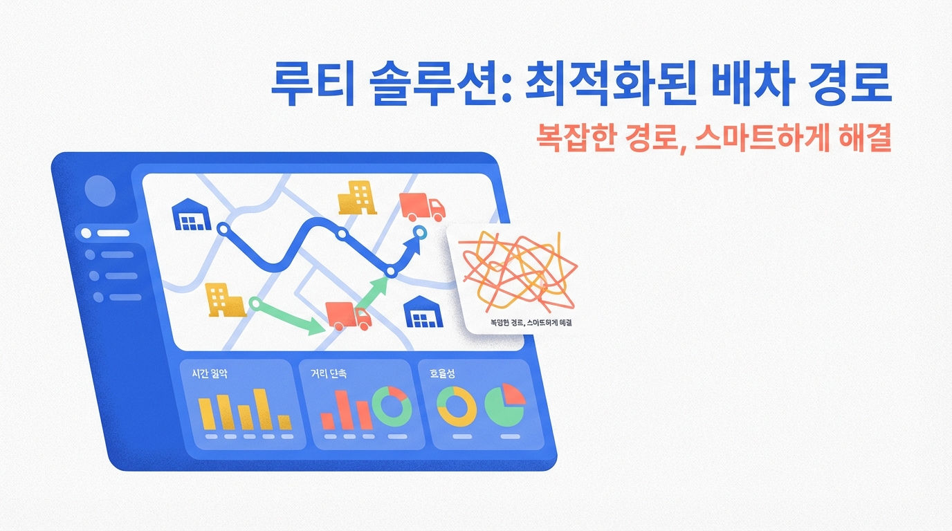 루티 솔루션의 최적화된 배차 경로 화면으로, 시간 절약, 거리 단축, 효율성을 그래프로 보여주고 복잡한 경로를 스마트하게 해결함을 나타냄