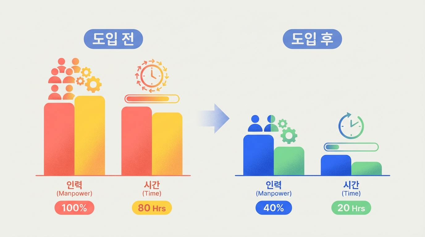 도입 전 100% 인력과 80시간에서 도입 후 40% 인력과 20시간으로 감소한 그래프