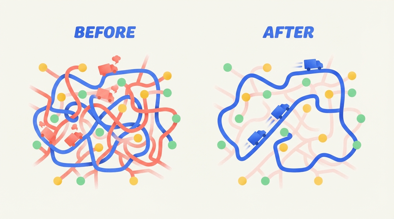 복잡한 배송 경로(Before)가 최적화된 경로(After)로 개선된 모습.