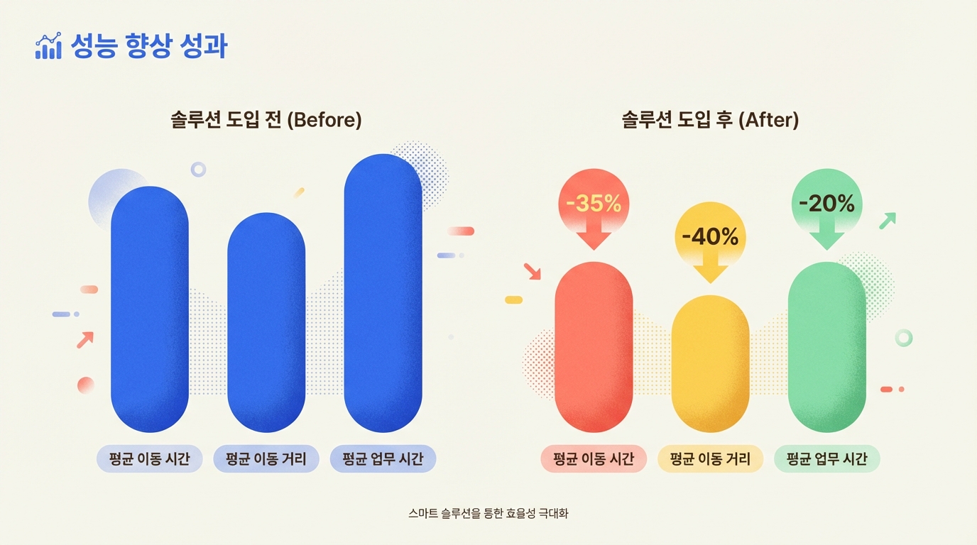 스마트 솔루션 도입 전후 평균 이동 시간, 이동 거리, 업무 시간의 변화를 보여주는 막대 그래프