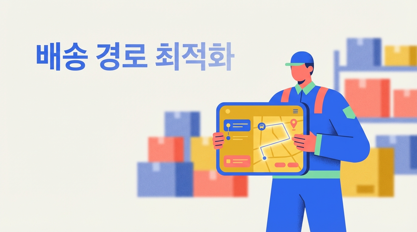 창고에서 배송 경로 최적화 앱이 켜진 태블릿을 들고 있는 배송 기사 일러스트