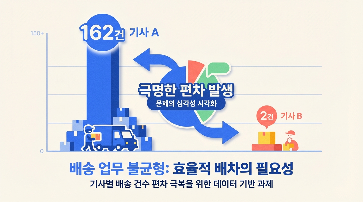 162건의 배송을 처리하는 기사 A와 2건의 배송을 처리하는 기사 B의 극명한 배송 편차를 보여주는 그래프.