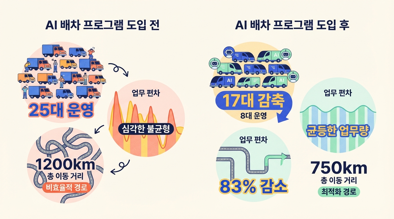 AI 배차 프로그램 도입 전후 비교, 차량 운행 감소 및 업무 효율 증가 효과를 시각적으로 나타냄