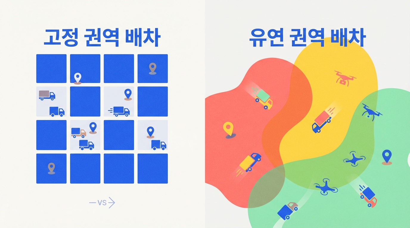 고정 권역 배차 대 유연 권역 배차를 나타내는 그림으로, 고정 권역은 격자 형태로 구획되어 있고 유연 권역은 드론과 트럭이 자유롭게 움직이는 모습